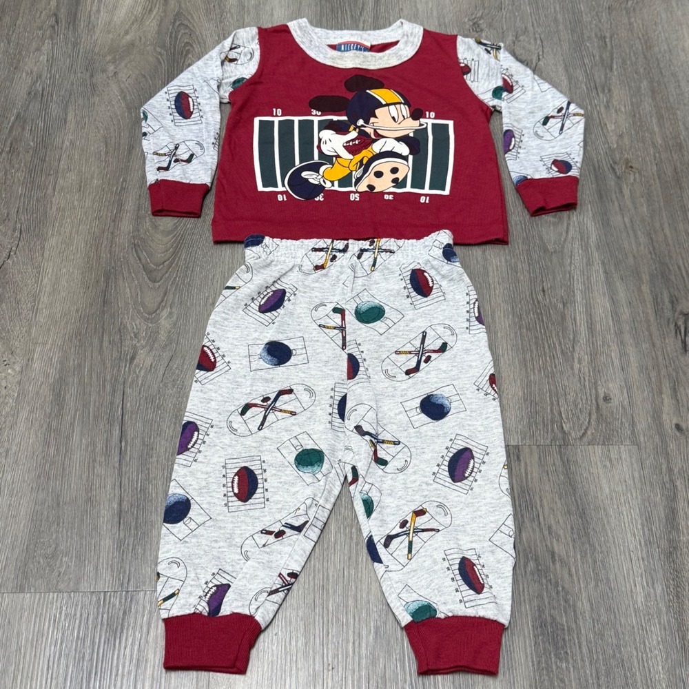 Vintage Mickey Mouse Sports Pajama Set 2T Maroon Grey Football Hockey 90s USA